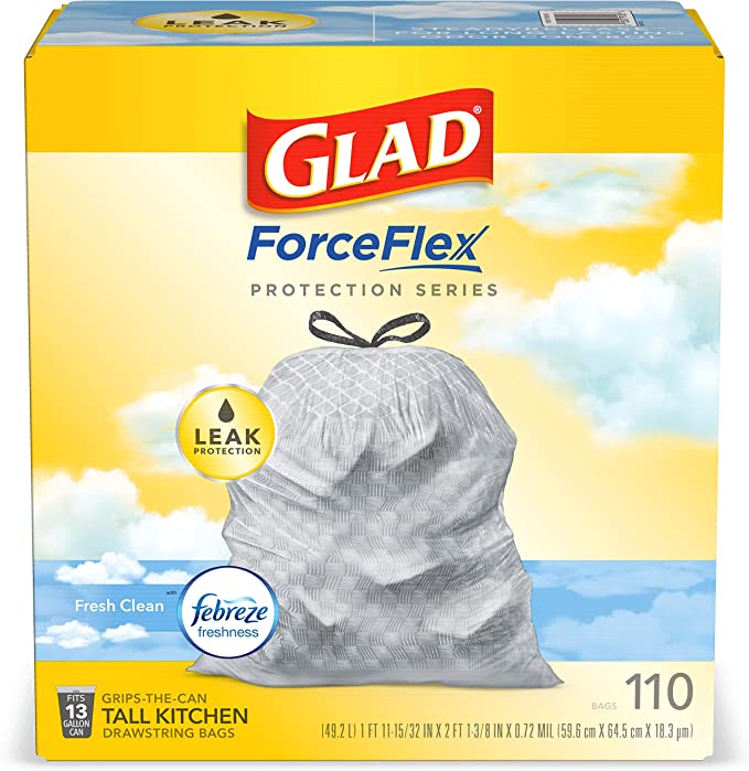 Glad ForceFlex Tall Kitchen Drawstring Scented Trash Bags, 13 Gal (110 ct)