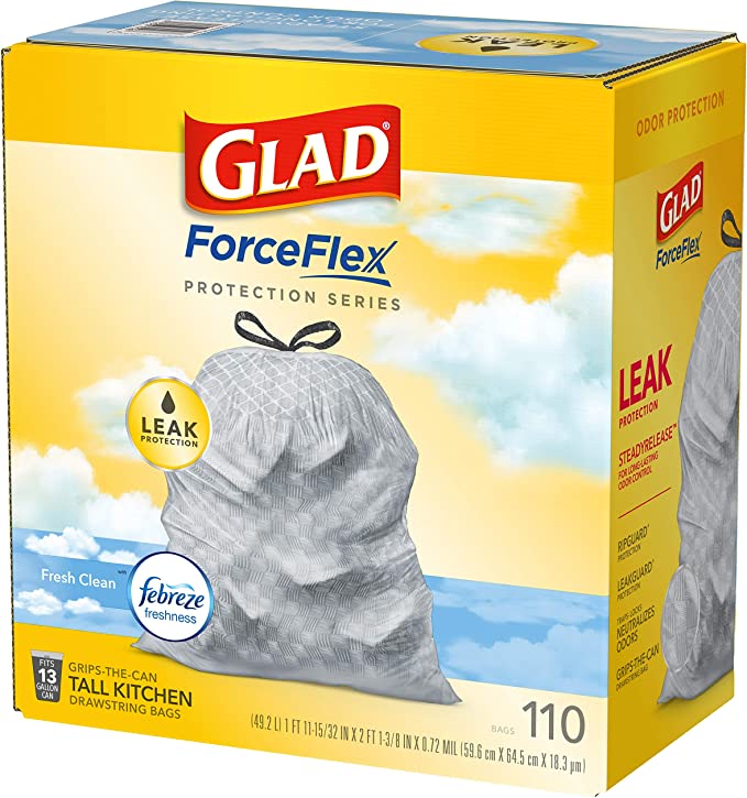 Glad ForceFlex Tall Kitchen Drawstring Scented Trash Bags, 13 Gal (110 ct)